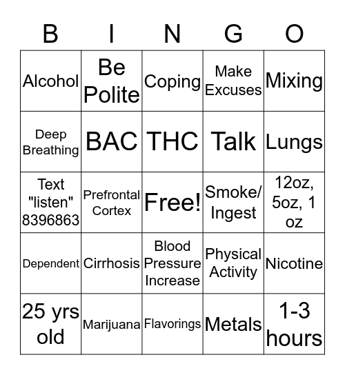 Prevention Bingo Card