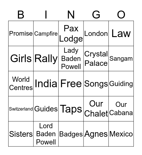 Girl Guide Bingo Card