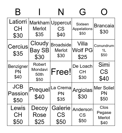 Wine Bingo! Bingo Card