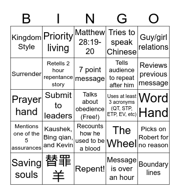 Pastor Min's Messages Bingo Card