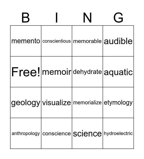 Unit 3 Vocabulary Bingo Card