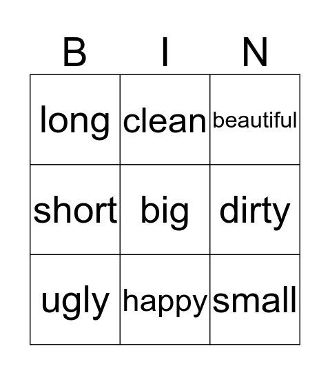 Adjectives Bingo Card