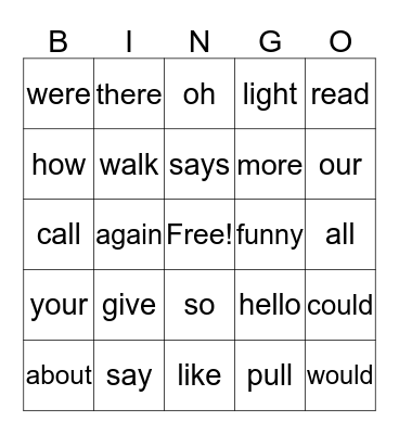 Sight Word Bingo Card
