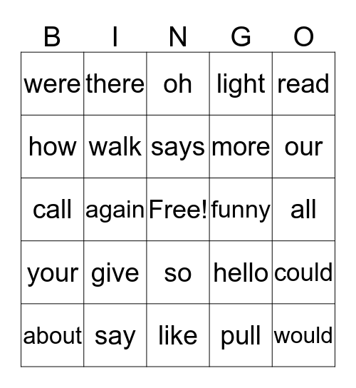 Sight Word Bingo Card