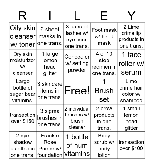 Riley Rose Bingo  Bingo Card