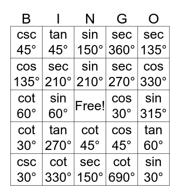 Valentines Day Trig Bingo Card