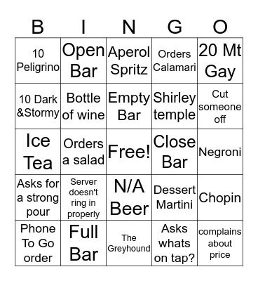 Bartender Bingo Card