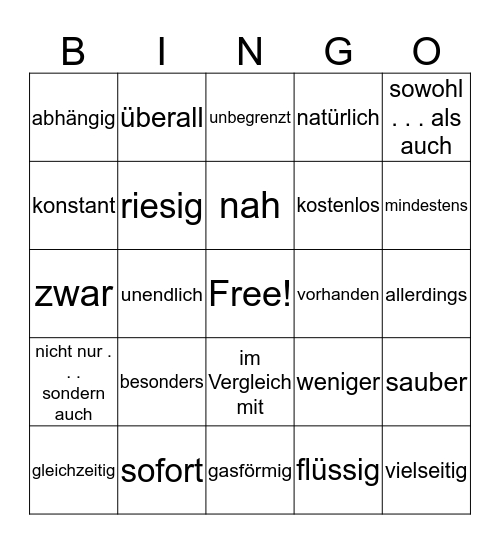 Umwelt-Adjektive/Adverbien Bingo Card