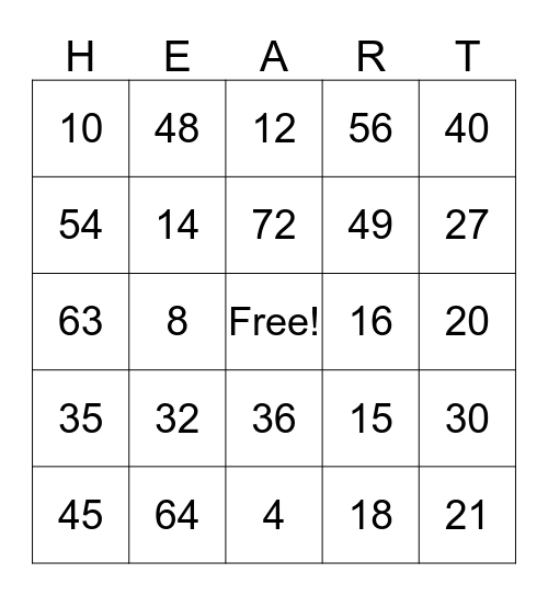Valentine's Day Multiplication Heart Bingo  Bingo Card