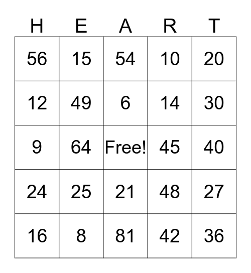 Valentine's Day Multiplication Heart Bingo Card