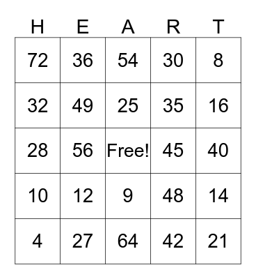 Valentine's Day Multiplication Heart Bingo Card