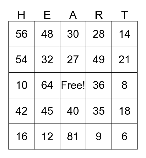 Valentine's Day Multiplication Heart Bingo Card