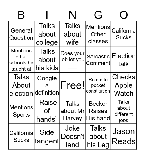 Mr Becker Bingo Card