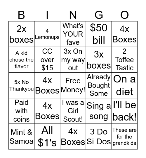 Cookie Booth Bingo Card