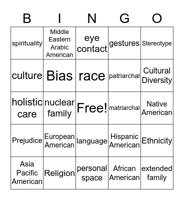 Cultural Competency Bingo Card