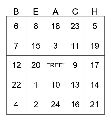 Beach Bingo Card