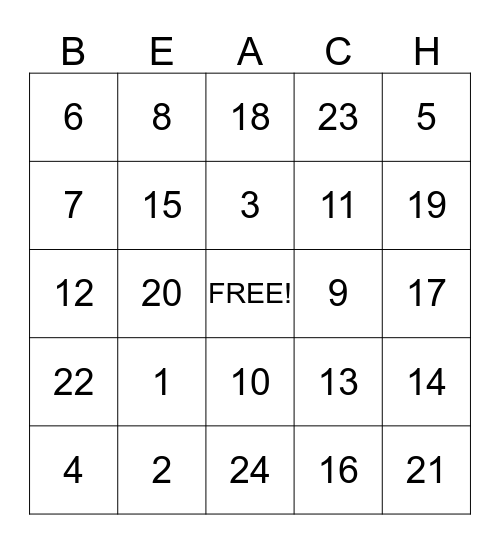 Beach Bingo Card