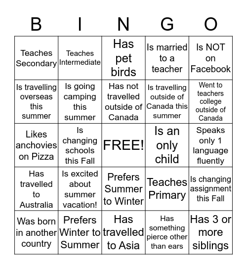 Get To Know You BINGO! Bingo Card