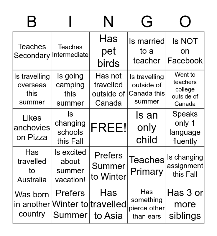 Get To Know You BINGO Bingo Card   Get To Know You Bingo 