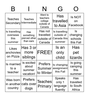 Get To Know You BINGO! Bingo Card