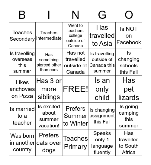 Get To Know You BINGO! Bingo Card