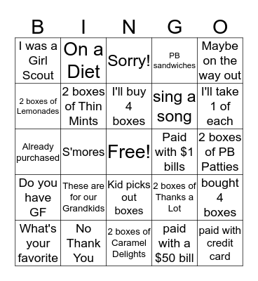 Cookie Booth Bingo Card