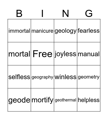 Root Unit 6 Bingo Card