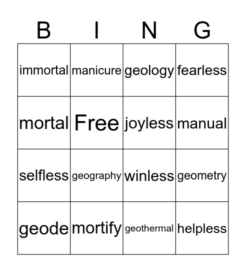 Root Unit 6 Bingo Card