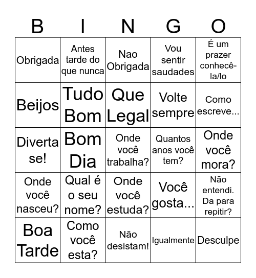 Common Portuguese Phrases and Questions Bingo Card