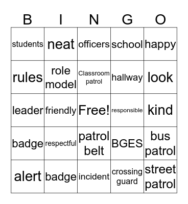 Safety Patrols Bingo Card