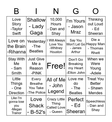 Love Song Bingo Card