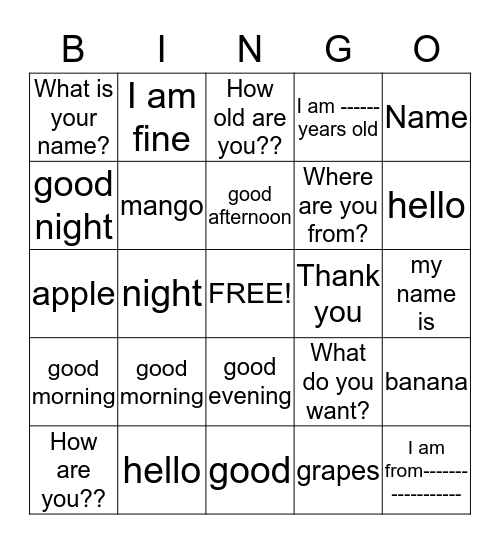 greetings Bingo Card