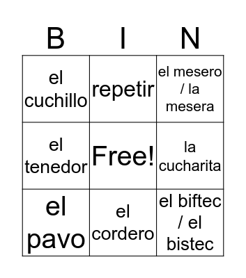 En El Restaurante Bingo Card