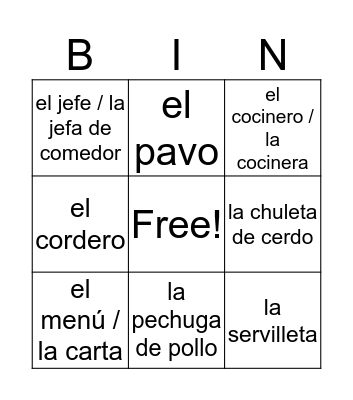 En el Restaurante (Mini) Bingo Card