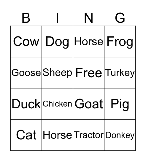 Barnyard Bingo  Bingo Card