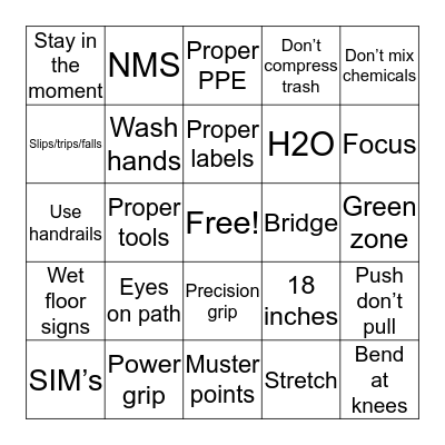 Safety Bingo Card