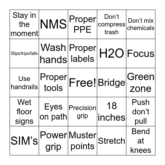 Safety Bingo Card