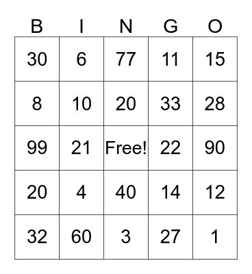 Multiplication Bingo Card