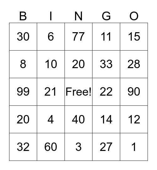 Multiplication Bingo Card