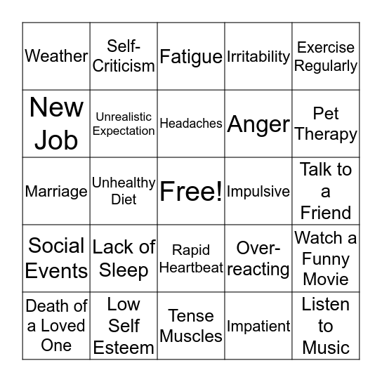 Stress and Anxiety Bingo Card