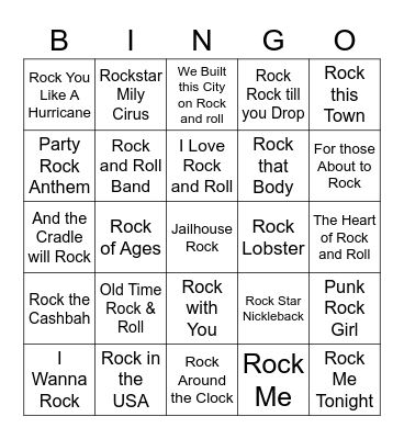 "Rock" Songs Bingo Card