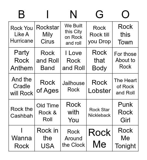 "Rock" Songs Bingo Card