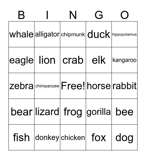 Animals Bingo Card