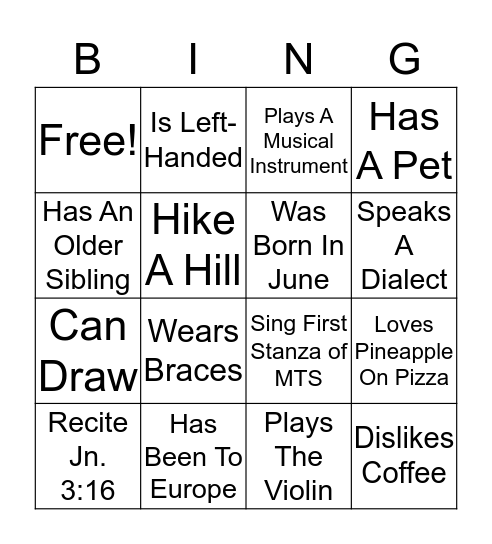 Get To Know Sonshiners Bingo Card