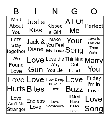 Love Songs Bingo Card