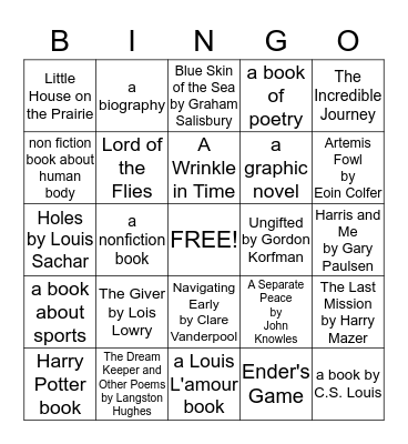 Joshua's Summer Reading Bingo Card