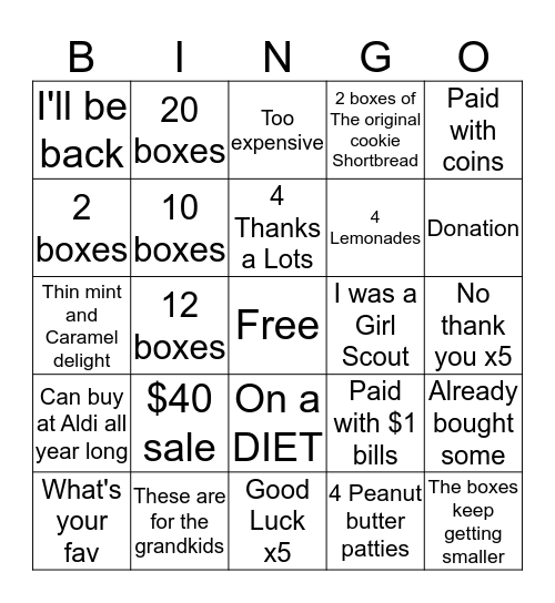 Cookie Booth Bingo Card