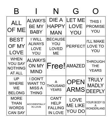 TAP IT LOVE SONGS Bingo Card
