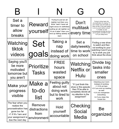 Procrastination Bingo Card