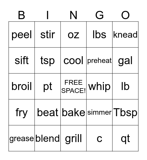 Cooking Terms & Abbreviations Bingo Card